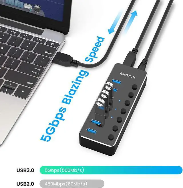 RSHTECH 7-Port USB 3.0 Hub with Individual Power Switches and 36W Power Adapter